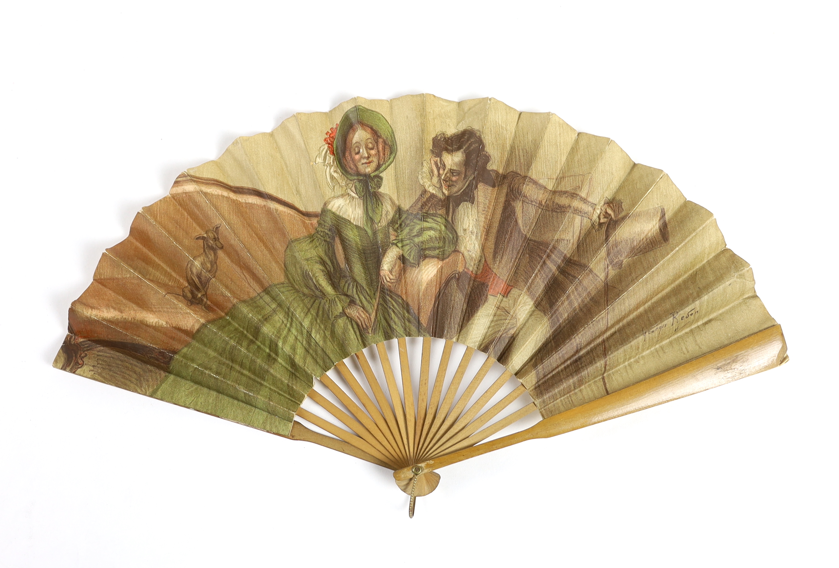 An unusual late 19th / early 20th century paper advertising fan for The Carlton Hotel, London (as printed on the back of fan leaf), signed on the front Georges Reson